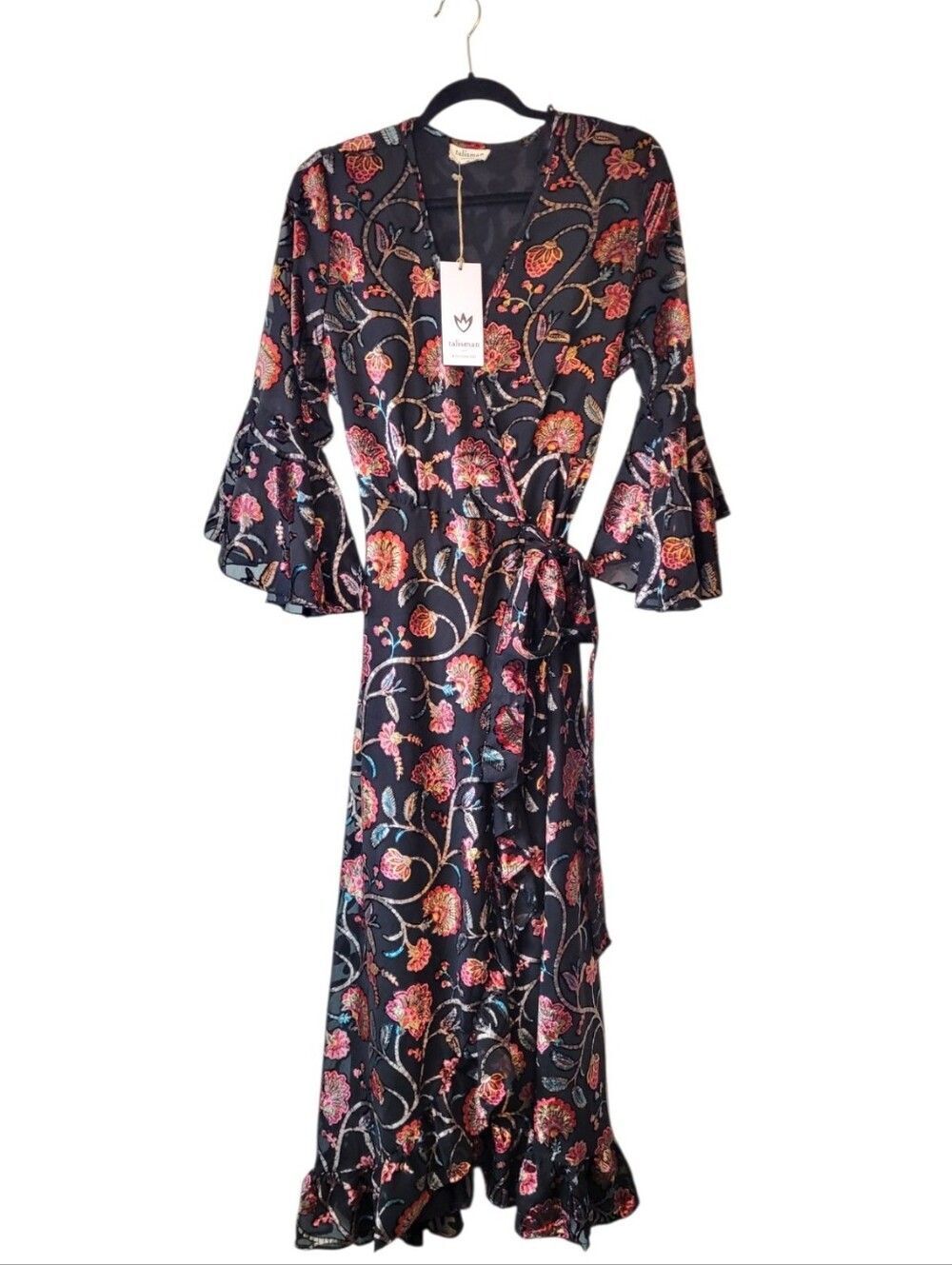 Talisman Carly Velvet Floral Wrap Boho Maxi Dress Size M NWT